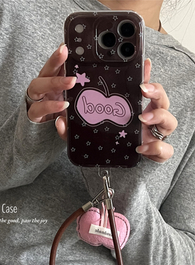 ANNACASE韩系少女棕粉苹果闪粉星星挂绳手机壳适用iphone17promax苹果17小众16pro新款15pro全包14防摔保护套