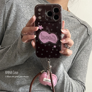 ANNACASE韩系少女棕粉苹果闪粉星星挂绳手机壳适用iphone17promax苹果17小众16pro新款 15pro全包14防摔保护套