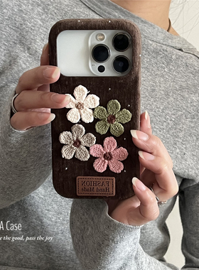 ANNACASE秋冬ins深棕毛线小花闪钻绒布手机壳适用iphone17promax苹果14软17新款15pro女16Promax防摔保护套13