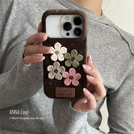 ANNACASE秋冬ins深棕毛线小花闪钻绒布手机壳适用iphone17promax苹果14软17新款15pro女18Promax防摔保护套16