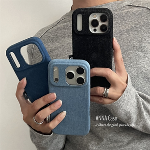 ANNACASE秋冬简约标签牛仔布磁吸手机壳适用iphone17promax苹果14全包17pro新款 15pro女16Promax防摔保护套16
