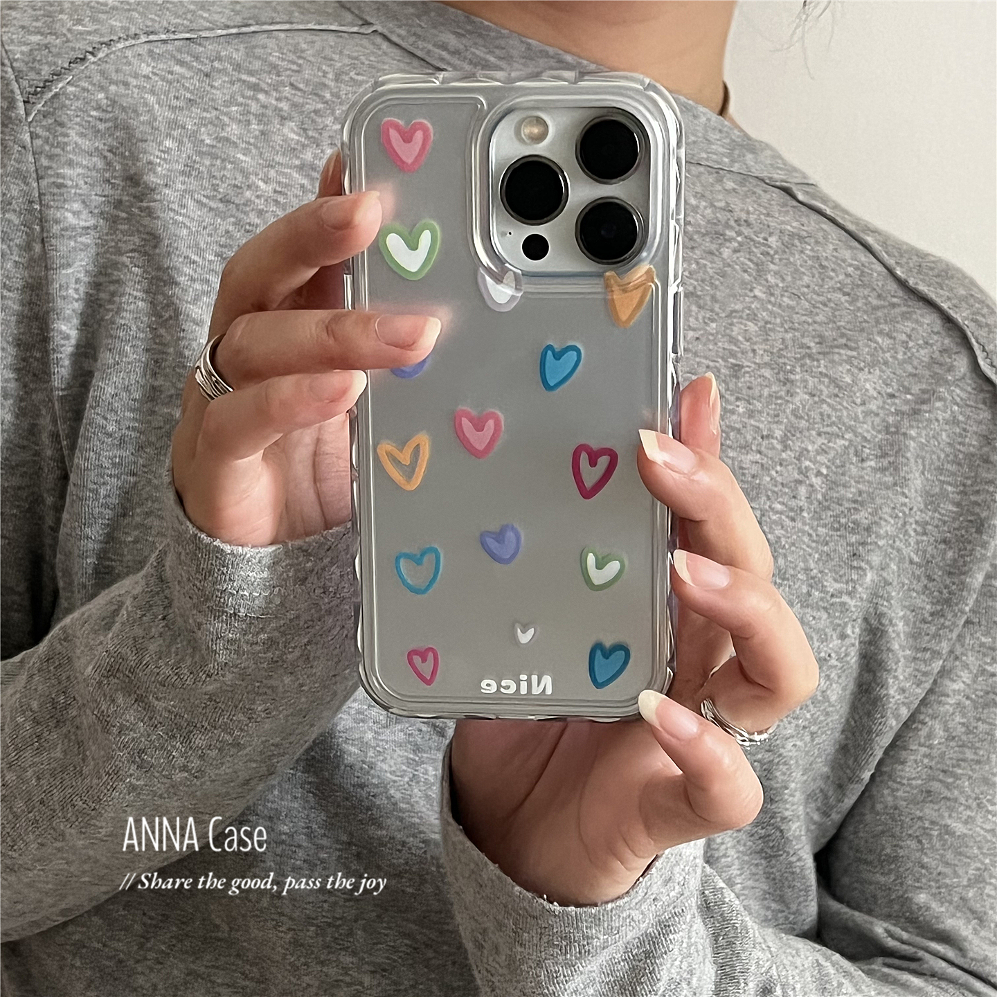 ANNACASE夏日ins可爱彩色线条爱心适用苹果16promax手机壳iphone14女15pro新款16全包软壳13promax防摔保护套