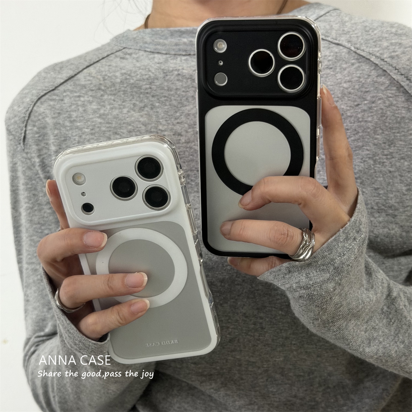 ANNACASEins极简银黑白磨砂磁吸大视窗适用苹果17promax手机壳iphone16软17pro新款15全包16promax防摔保护套