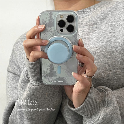 ANNACASE简约ins风冰蓝色锡纸纹磁吸支架适用苹果15promax手机壳iphone12女13pro新款14promax防摔保护套15软