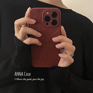 ANNACASE高级复古酒红色褶皱适用iphone16promax苹果15手机壳11新款 12pro硅胶14pro全包13Promax防摔保护套软