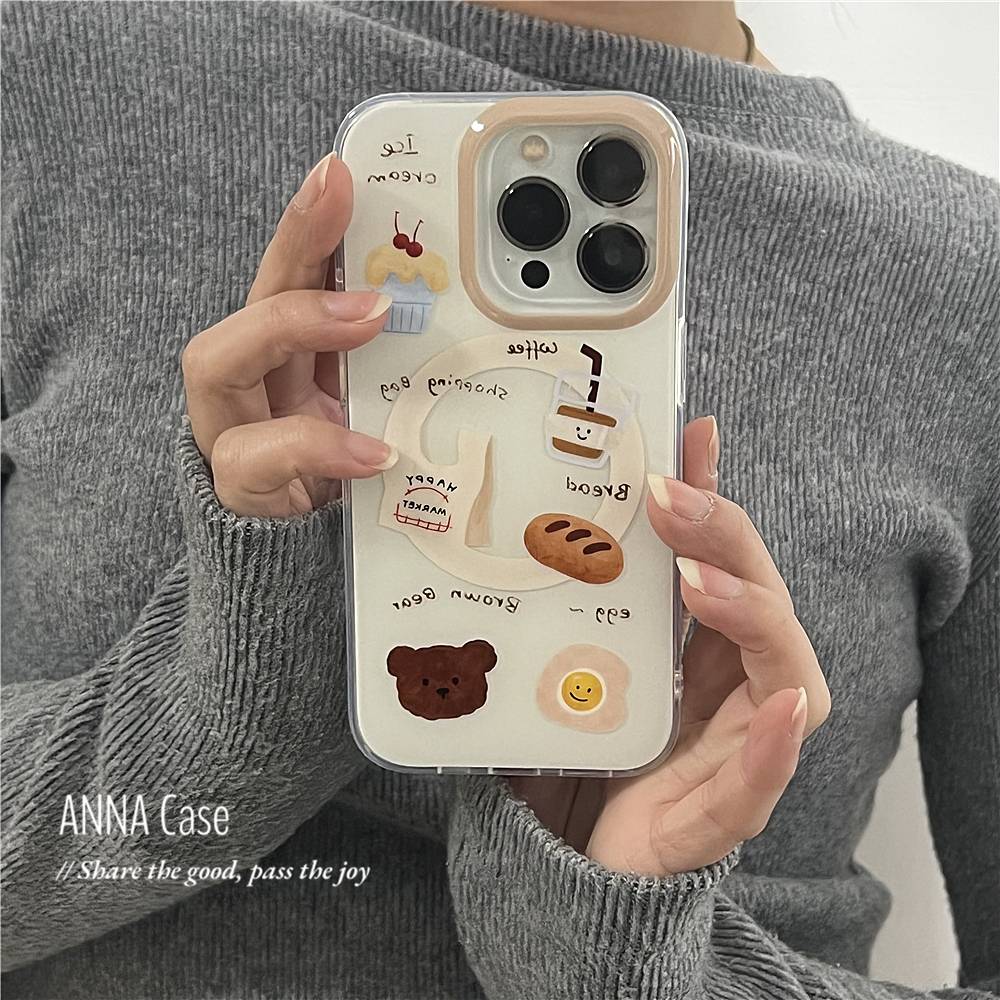 ANNACASE韩国ins可爱小熊面包磁吸手机壳适用于iphone16promax苹果15光面14新款15pro少女13Promax防摔保护套