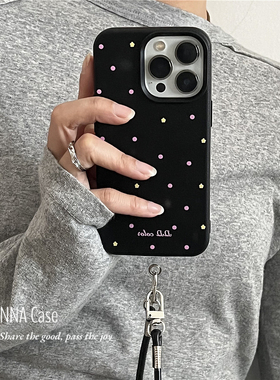 ANNACASE小众少女黑底粉黄小波点挂绳适用于iPhone16pro手机壳新款15promax苹果13全包14pro防摔保护套12软16