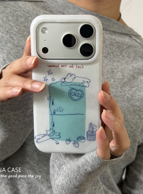 ANNACASEins可爱手绘蓝色冰箱小猫小狗适用苹果17promax手机壳iphone15软17pro新款14全包16promax防摔保护套