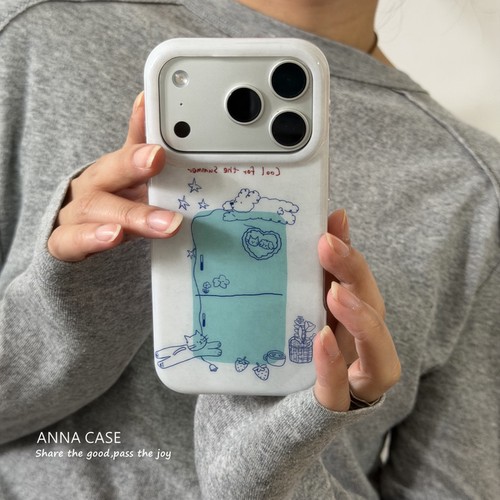 可爱手绘蓝色冰箱小猫小狗手机壳