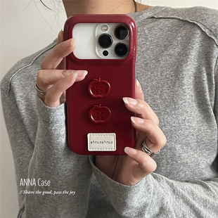 ANNACASE秋冬新年纽扣红苹果皮质适用苹果17promax手机壳iphone14高级感15pro新款 17软16promax防摔保护套17