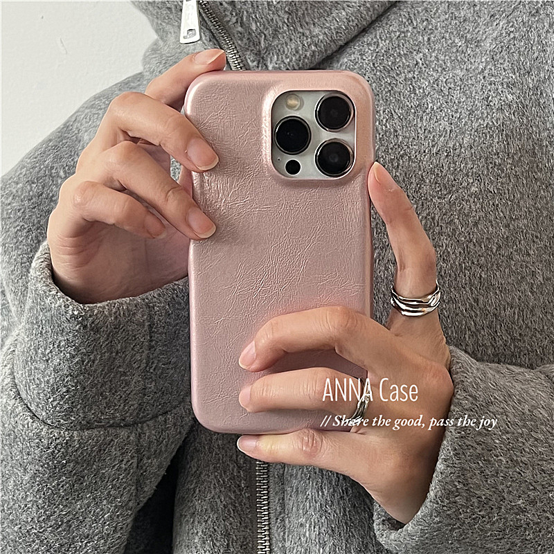 ANNACASE高级小众精致亮粉色皮质适用iphone16promax苹果15手机壳11新款12pro女款14全包13Promax防摔保护套