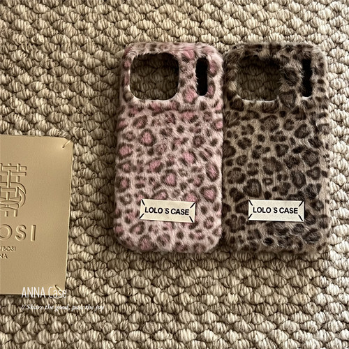 秋冬粉咖色豹纹毛绒标签手机壳