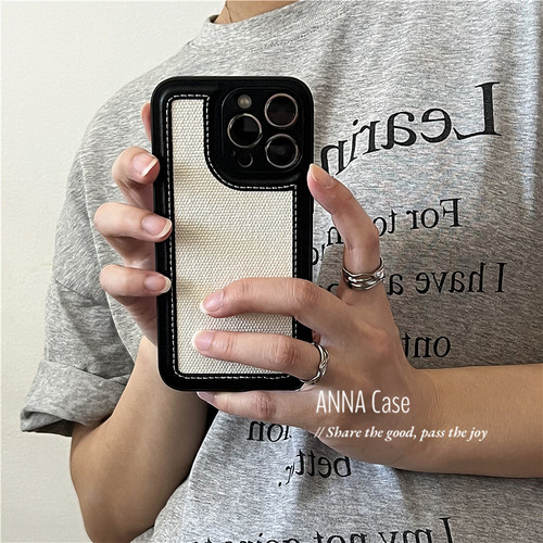 苹果14promax黑色皮质拼帆布高级