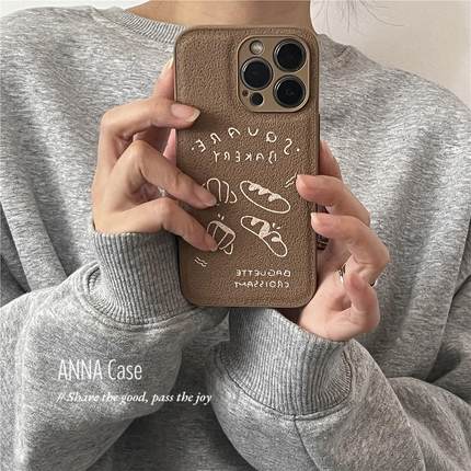 ANNACASE韩式小众卡其色线条牛角包适用iphone16promax苹果15手机壳14新款12pro硅胶全包13Promax防摔保护套