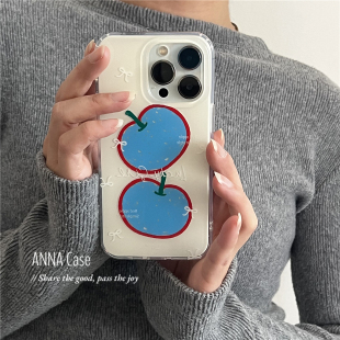 ANNACASEins可爱抽象蓝色苹果插画适用苹果16promax手机壳iphone14小众15pro新款 15全包13promax防摔保护套软