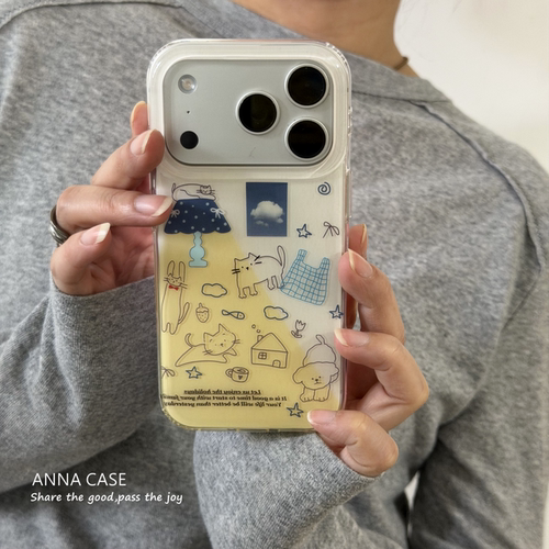 奶黄渐变手绘线条小猫手机壳