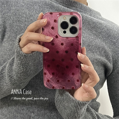 ANNACASE少女晕染树莓红爱心波点适用苹果17promax手机壳iphone14小众15pro新款全包软壳16promax防摔保护套