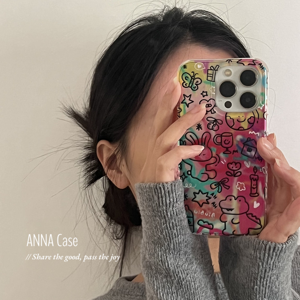 ANNACASEins可爱晕染水彩玫红线条卡通适用苹果16promax手机壳iphone14全包15pro小众新款13promax防摔保护套