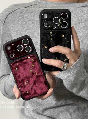 ANNACASE秋冬高级丝绒酒红黑色星星大视窗手机壳适用iphone17promax苹果14新款15pro女16ProMax防摔保护套17