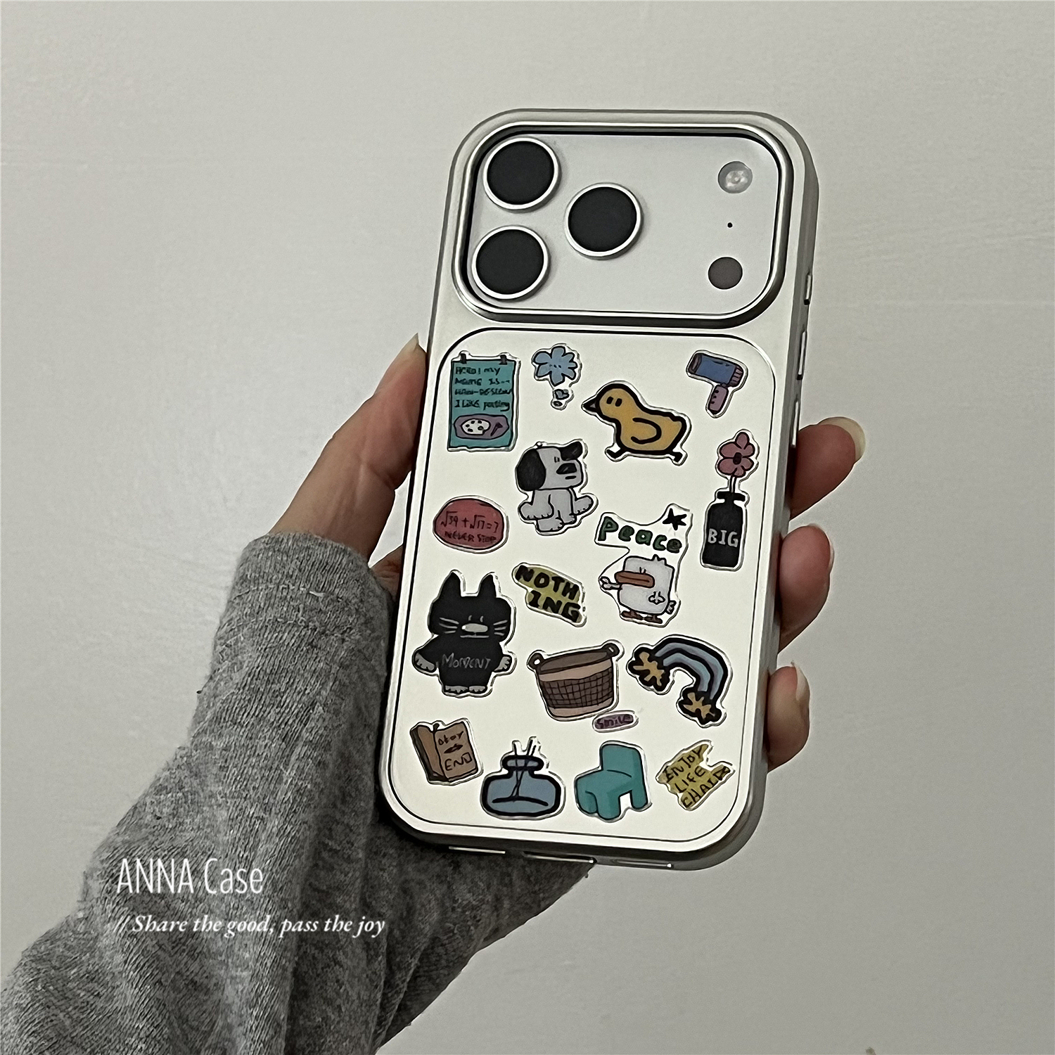 韩系可爱贴纸小猫插画银色手机壳