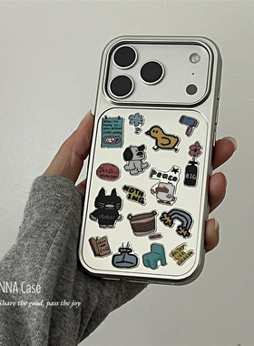 ANNACASEins韩系可爱贴纸小猫插画银色手机壳适用iphone17promax苹果14磨砂17新款15pro软16Promax防摔保护套
