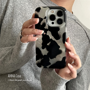 ANNACASE秋冬黑色斑块锡纸纹手机壳适用iphone17promax苹果16小众16promax新款15pro女14防摔保护套17全包Air