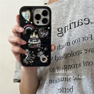 ANNACASE日韩ins少女闪粉梦幻城堡木马适用苹果16promax手机壳iphone15滴胶12pro新款 14全包13promax保护套软