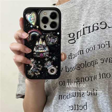 ANNACASE日韩ins少女闪粉梦幻城堡木马适用苹果16promax手机壳iphone15滴胶12pro新款14全包13promax保护套软
