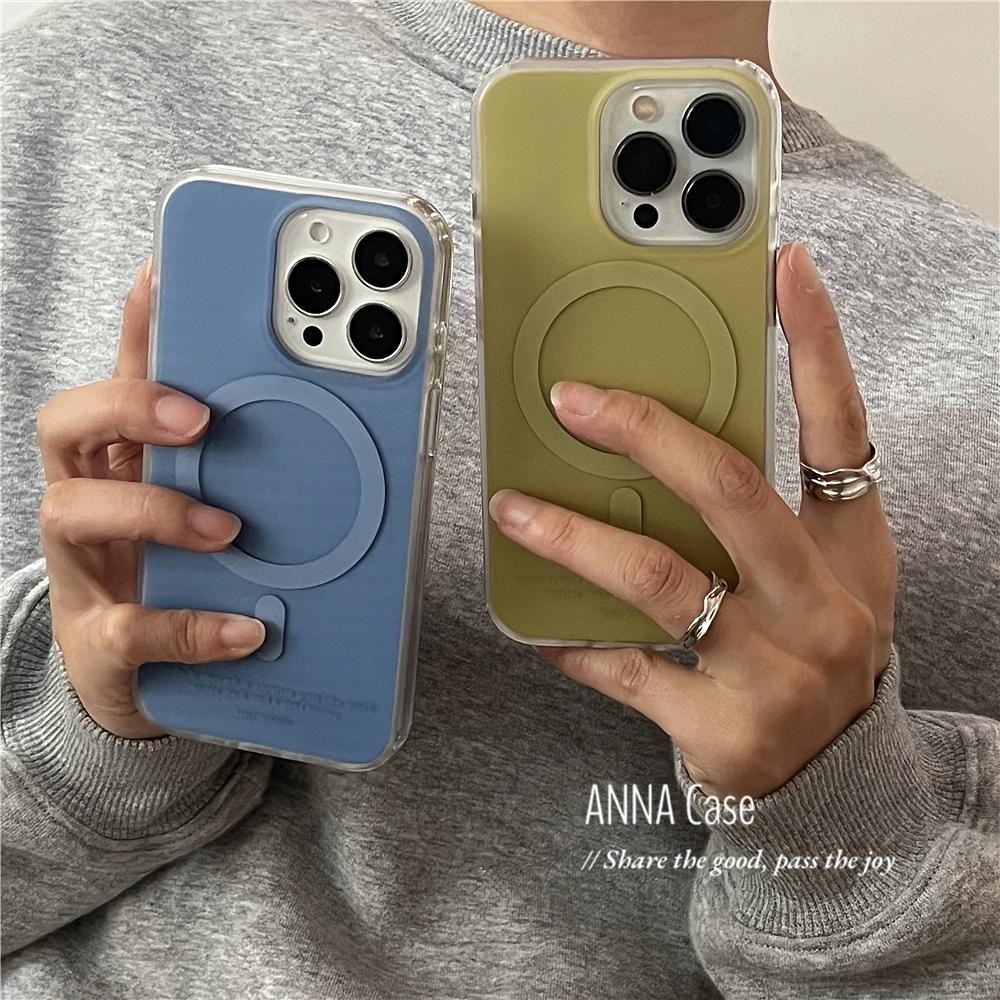 ANNACASE高级小众设计金属感蓝黄色磁吸手机壳适用于iPhone15pro新款16promax苹果14pro全包12防摔保护套13软