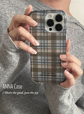 ANNACASE韩国ins学院风透明蓝棕格纹手机壳适用iphone17promax苹果17软壳14新款15pro全包16Promax防摔保护套