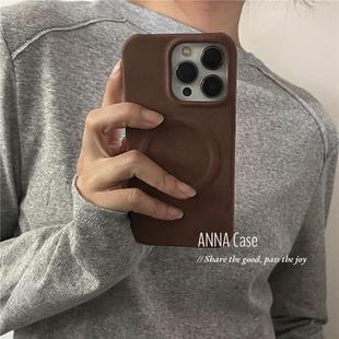 ANNACASE秋冬小众高级感咖色绒面皮质磁吸手机壳适用iphone17promax苹果15pro硬14新款 16Promax防摔保护套17