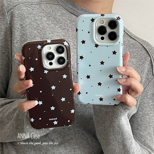 ANNACASE韩系ins少女风蓝棕色星星适用苹果17promax手机壳iphone14小众15pro新款 17全包16promax防摔保护套15