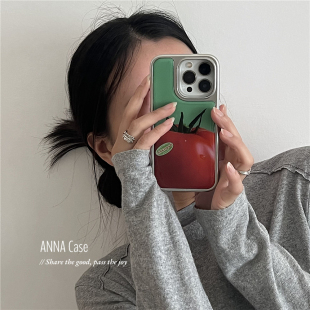 ANNACASE小众绿色底西红柿插画适用苹果17promax手机壳iphone14夏日15pro新款 16全包软壳16promax防摔保护套