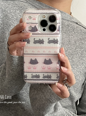 ANNACASEins风少女可爱粉灰色小猫适用苹果17ProMax手机壳iphone14小众15pro新款16软壳16promax防摔保护套17