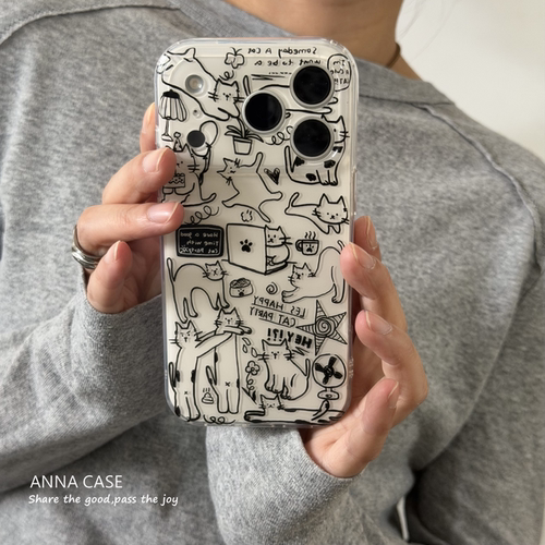 ins搞怪涂鸦黑色线条小猫手机壳