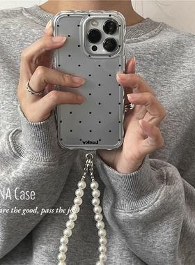 ANNACASE少女复古银黑小波点珍珠链条适用于iPhone17pro手机壳新款16promax苹果15全包14pro防摔保护套13软