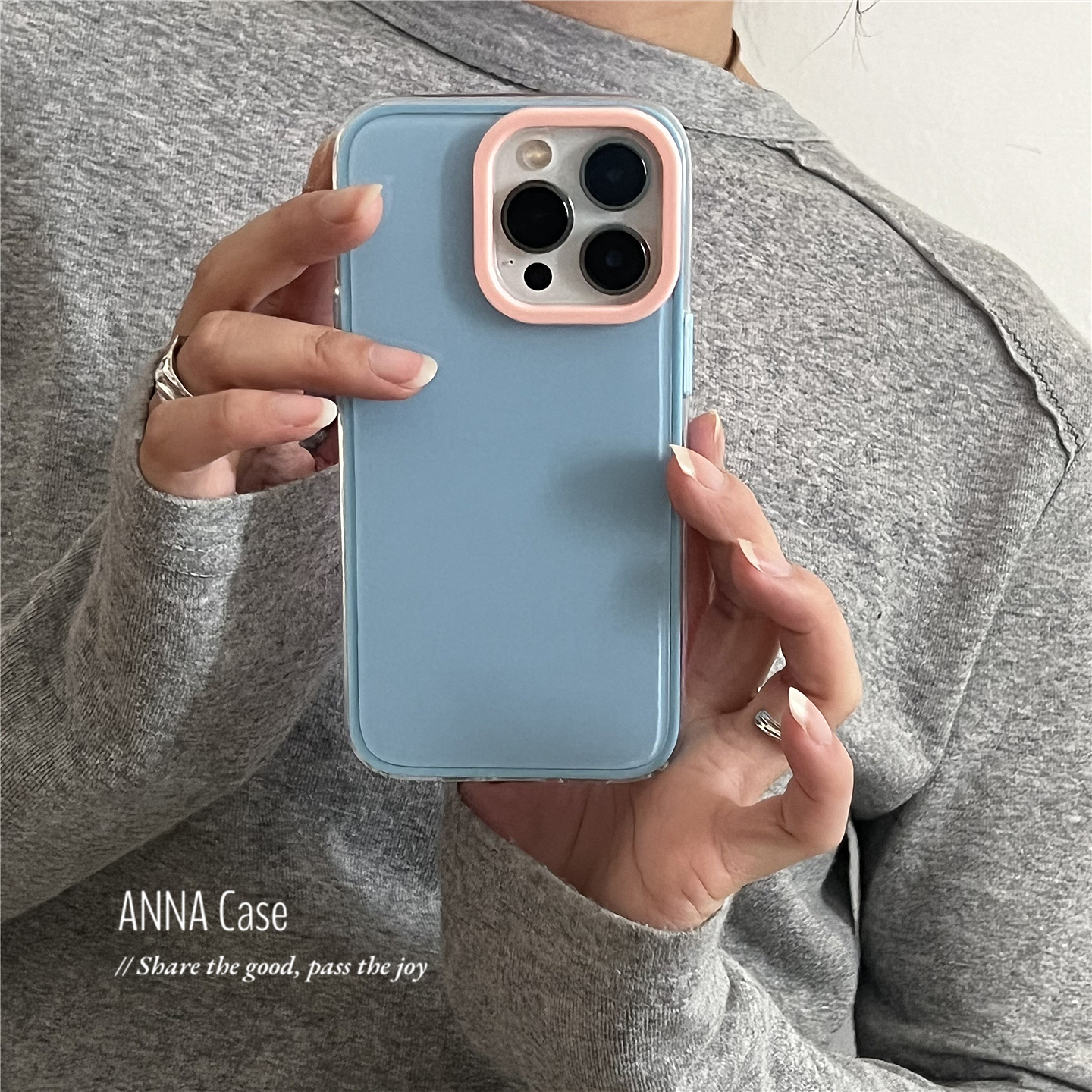 ANNACASE夏日简约蓝色撞粉色镜头框适用苹果16promax手机壳iphone14小众15pro新款16全包软壳13pro防摔保护套