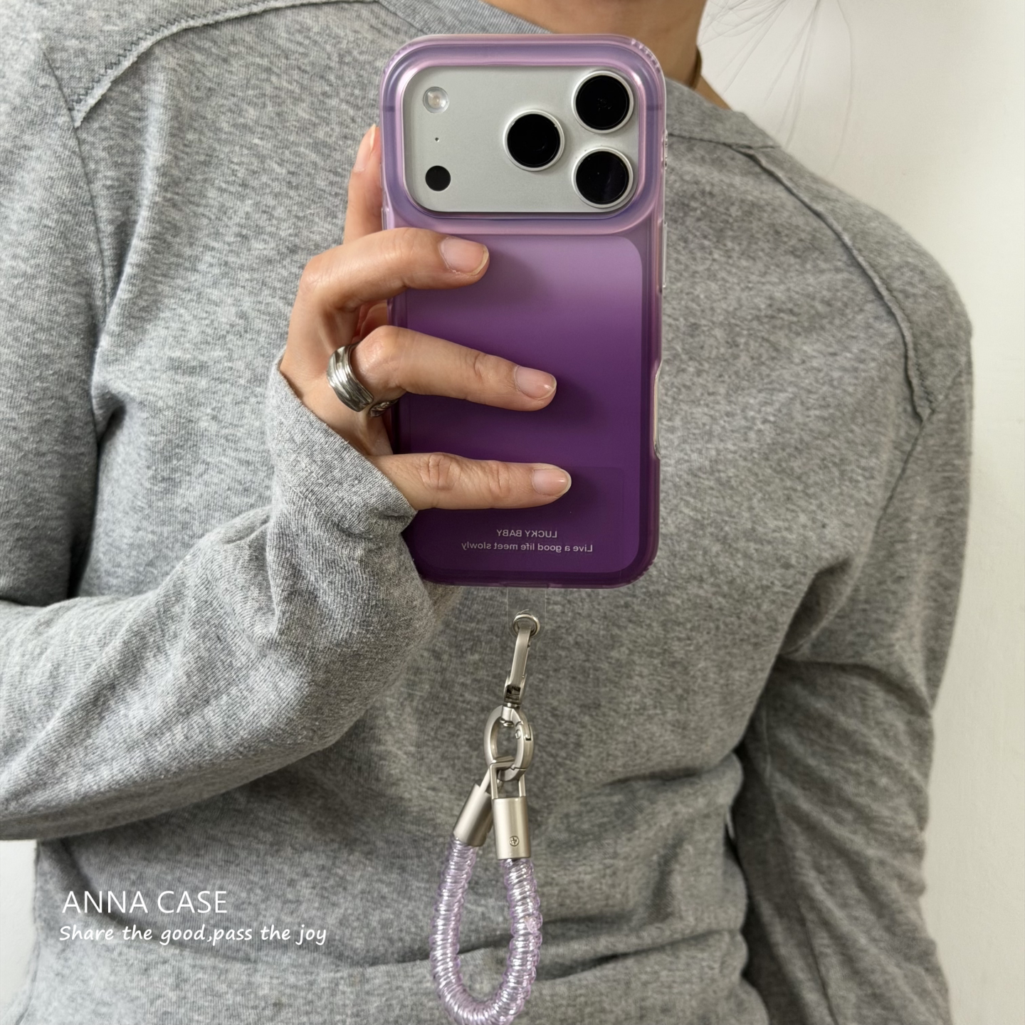 ANNACASEins温柔半透渐变雾紫弹簧绳17手机壳适用iphone17promax苹果新款15pro全包16ProMax防摔保护套17pro