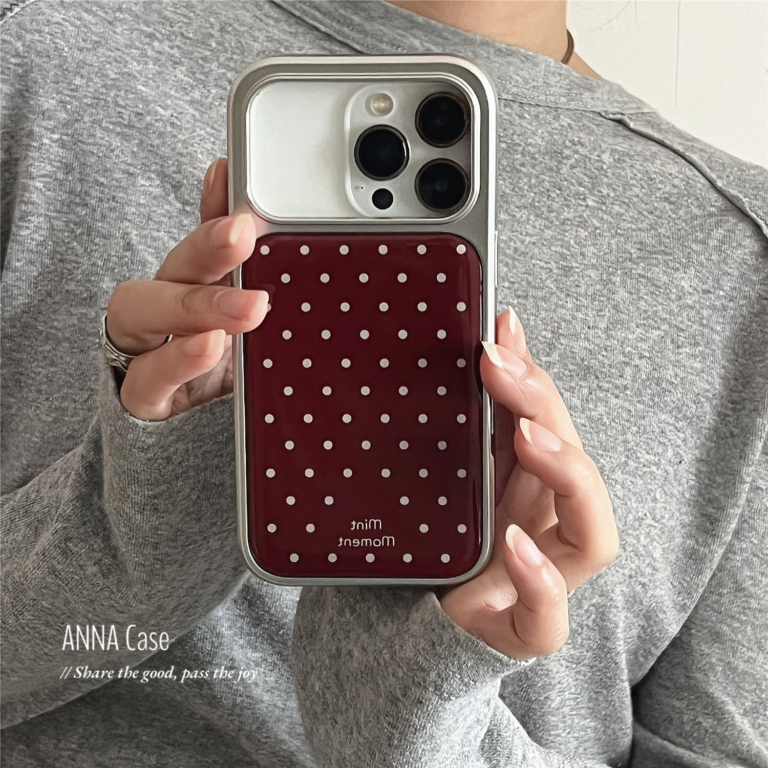 ANNACASE秋冬复古酒红小波点电镀银边适用苹果17promax手机壳iphone14小众15pro新款17女16promax防摔保护套