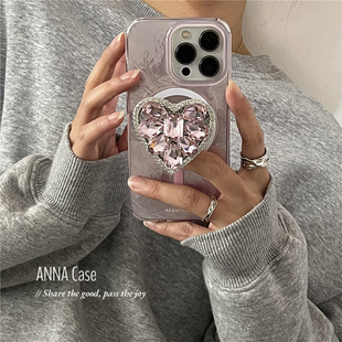 12pro锡纸纹13Promax防摔保护套女 ANNACASE温柔奢华粉钻爱心磁吸支架适用iphone14promax苹果15手机壳14新款