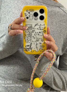 晕染黄可爱线条小猫挂绳17手机壳