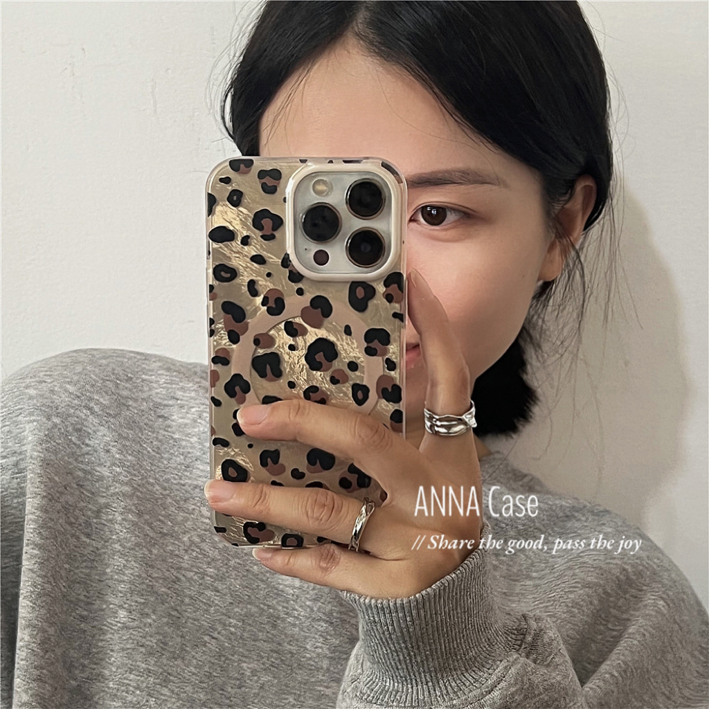 ANNACASE韩国ins风甜酷棕色豹纹锡纸纹磁吸手机壳适用于iPhone16pro新款14promax苹果15全包12防摔保护套13女