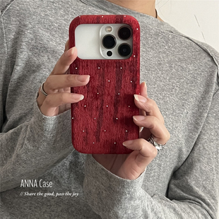 ANNACASE秋冬ins复古红丝绒满天星闪钻绒布手机壳适用iphone17promax苹果14新款 15pro女16ProMax防摔保护套13