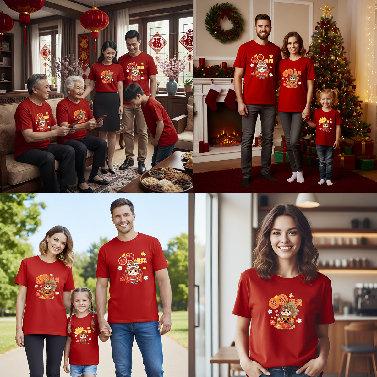 红色卡通马年新年亲子装全家福短袖T恤马年年喜庆过年服