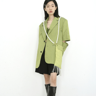 新品 川故纵 外套2026年春季 原创设计绿色西装 上衣女 金鑲翠