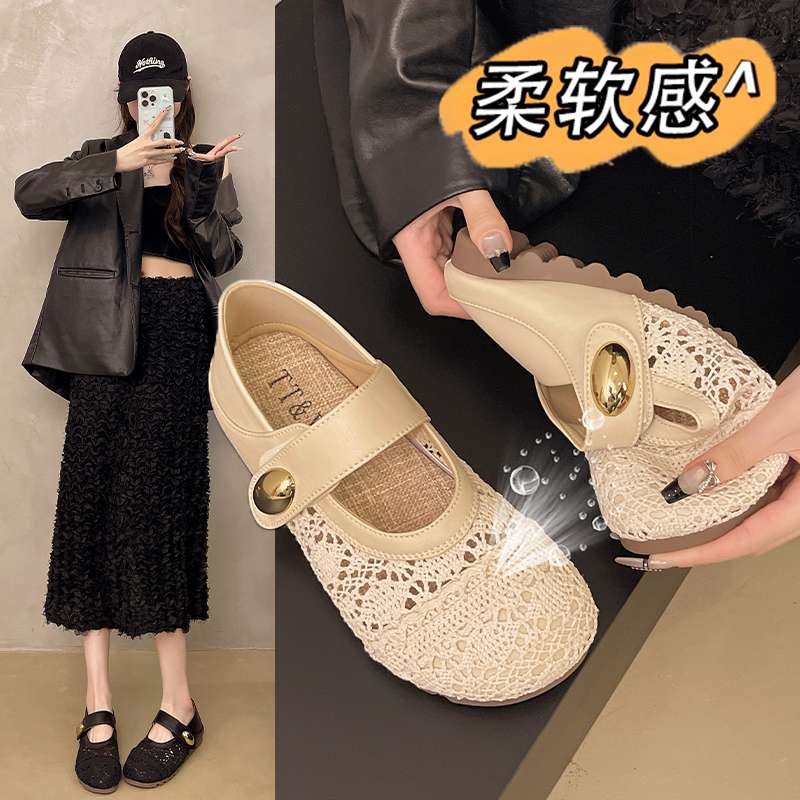 明星同款法式玛丽珍包头浅口单鞋女2025夏季镂空透气魔术贴孕妇凉