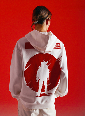 THOS 22AW红日主题印花连帽卫衣 国潮牌重磅斜纹棉宽松长袖帽衫男