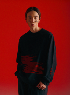 THOS 22AW水波纹印花刺绣卫衣 秋季国潮牌重磅磨毛宽松休闲上衣男