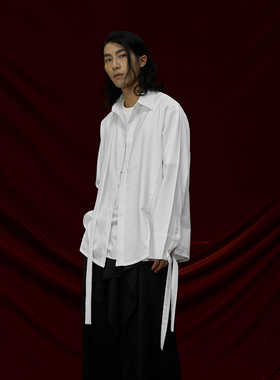 THOS 解构开衩垂感飘带衬衫抗皱TR情侣多形态设计感小众长袖衬衣