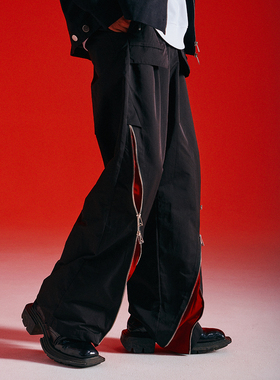 THOS 22AW双头拉链小众造型裤 立体袋国潮牌宽松设计感撞色拖地裤